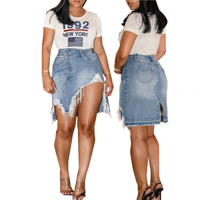 Fashion hole bag hip half body denim skirt