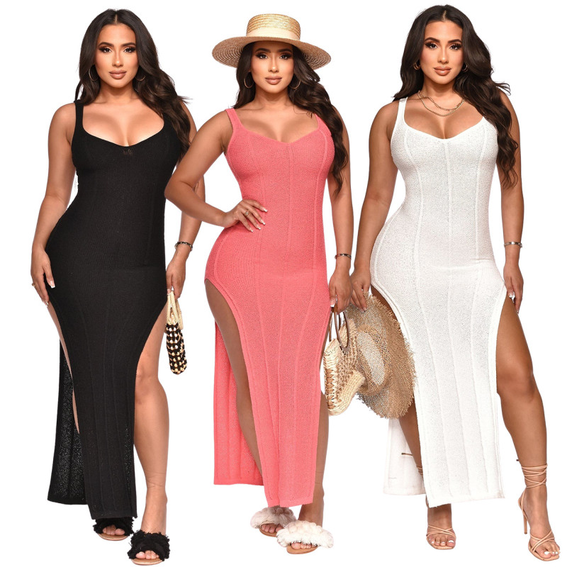 Summer beach V-neck long Dress knitted slit backless sexy dress Women