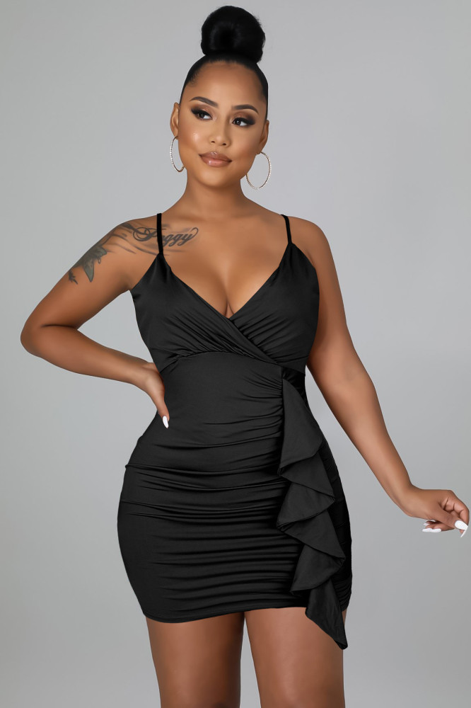 Fashion women dress sexy ruffled V neck topless sling bag hip nightclub dress