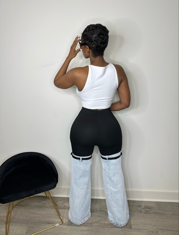 Fashionable knitted stretch washed straight leg wide leg jeans