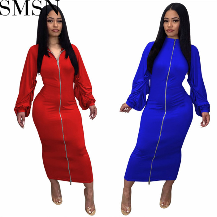 Plus Size Dress solid color double headed zipper turtleneck sleeve pleated dress long skirt
