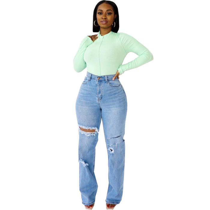 Elastic perforated straight pants