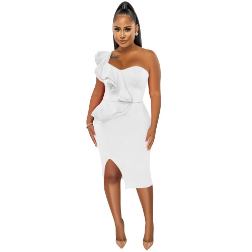 Plus Size DressFashion casual ruffled split one shoulder sleeve dress