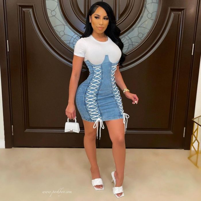 Fashion denim color matching sexy dress