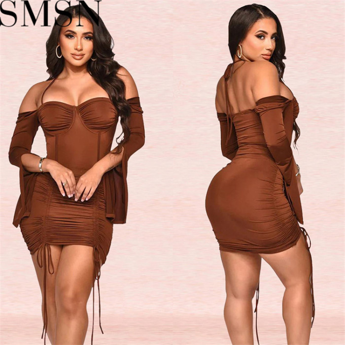 Plus Size Dress Amazon European and American fashion women lace up long sleeve skirt dress