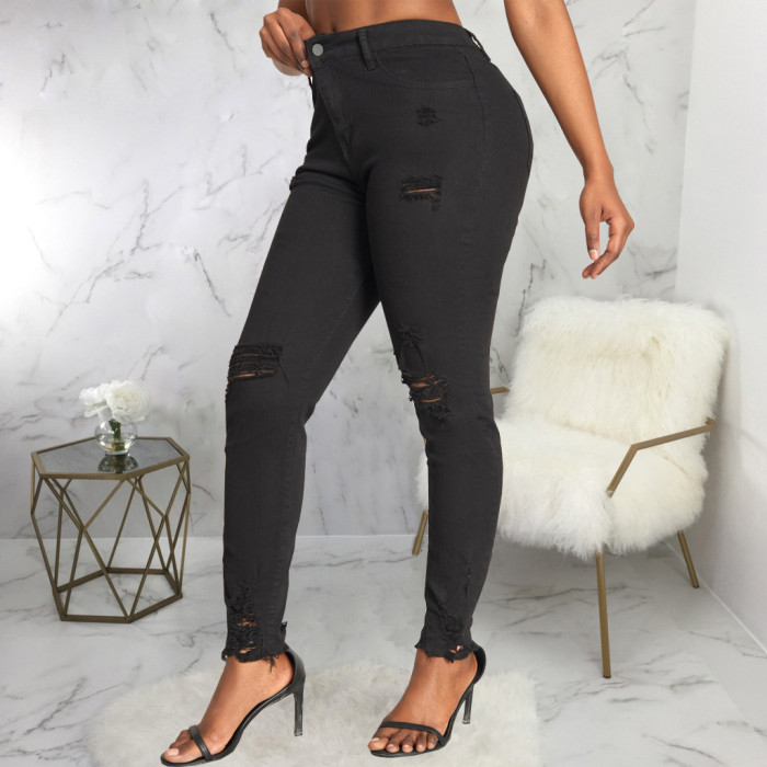Fashionable slim and versatile stretch jeans Slim-fit pants with holes