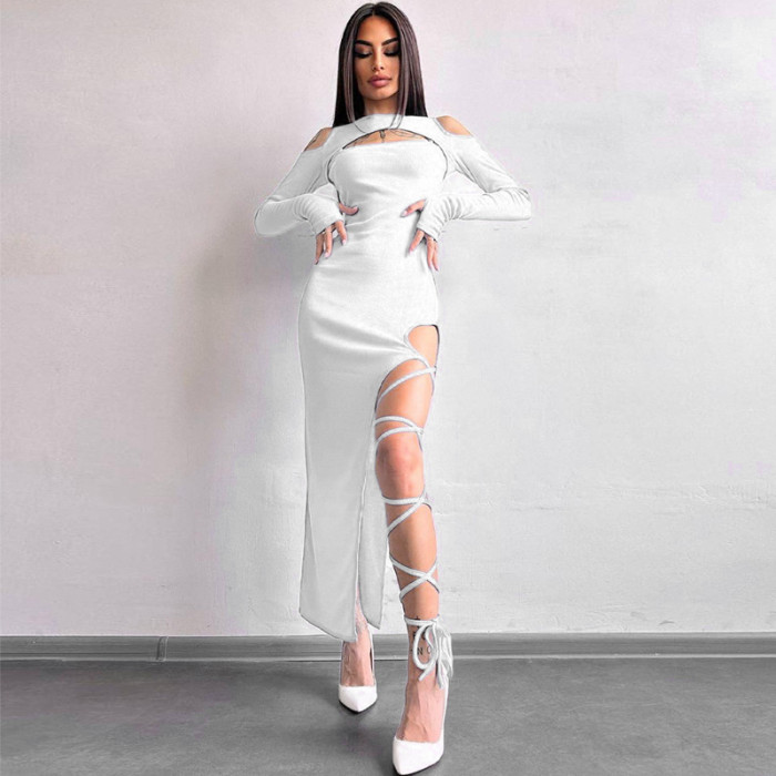 Sexy Leggings Slit Solid Color Long-Sleeved Hollow Dress