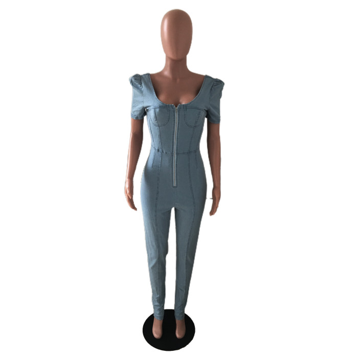 Fashion slim bubble sleeve Jumpsuit jeans