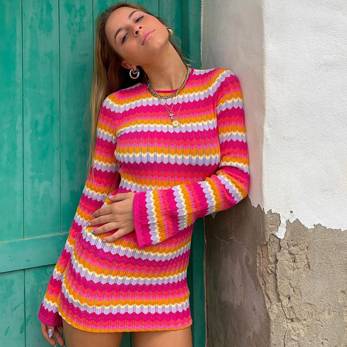 Lace Up Hollowed Out Candy Colored Long Sleeved Dress