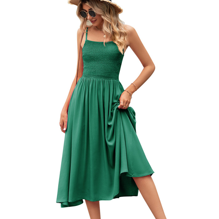 Women'S Sleeveless Pleated Solid Color Suspender Dress