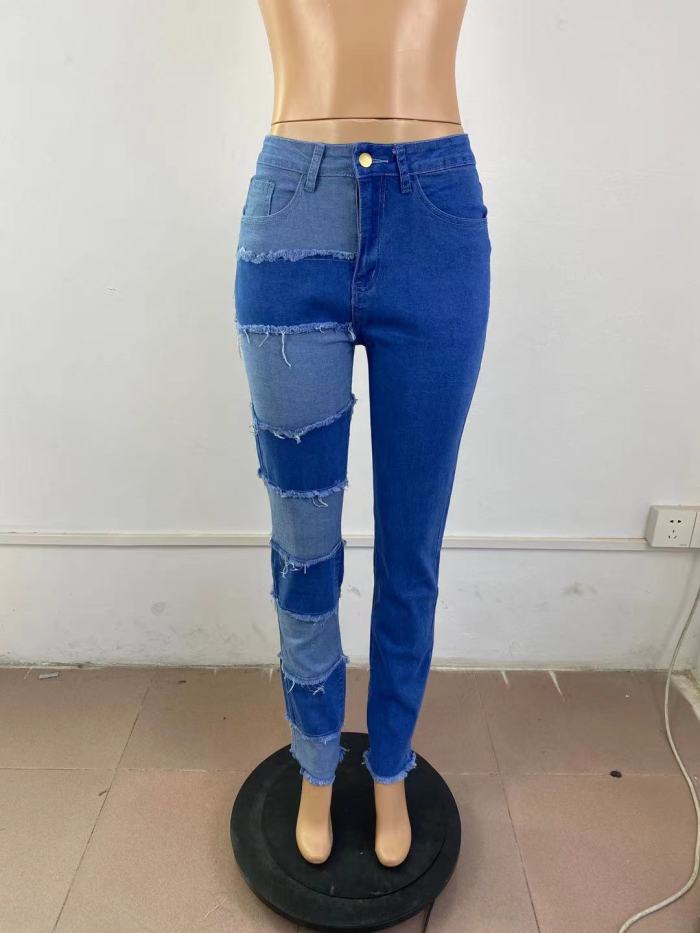 High elastic patch worn straight jeans