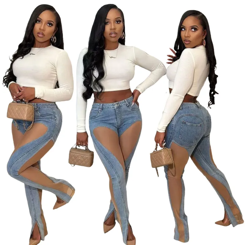Fashion Mesh Sand Combination Elastic Slim Fit Hip Lift Jeans