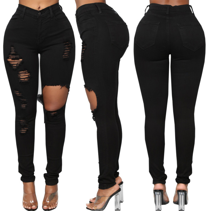 Fashion high waist denim hole tights