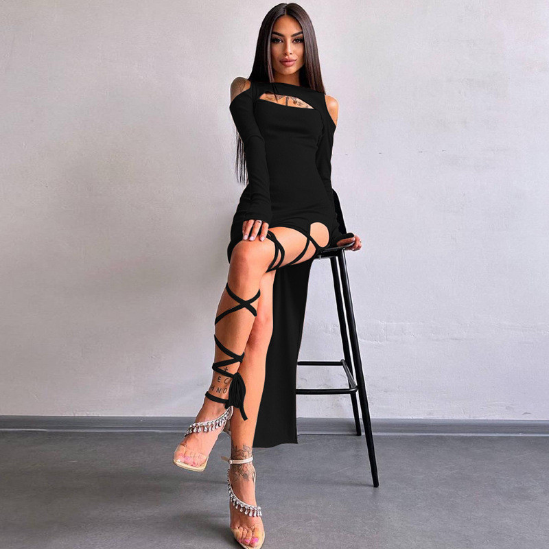 Sexy Leggings Slit Solid Color Long-Sleeved Hollow Dress