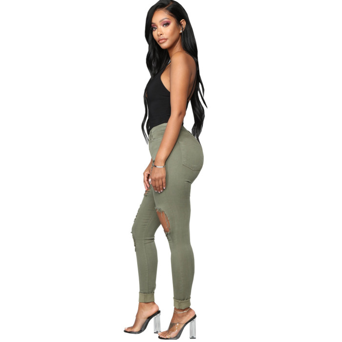 Fashion high waist denim hole tights