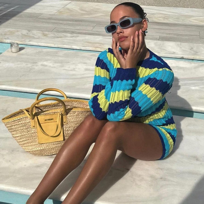 Sexy Backpack Hip Knit Contrast Color Beach Dress