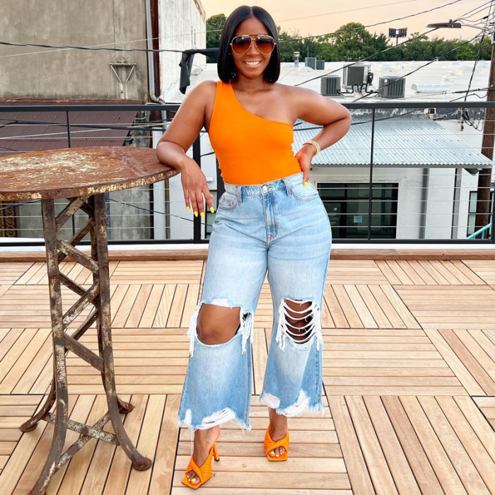 Cowboy High Waist Wide Leg Pants with holes