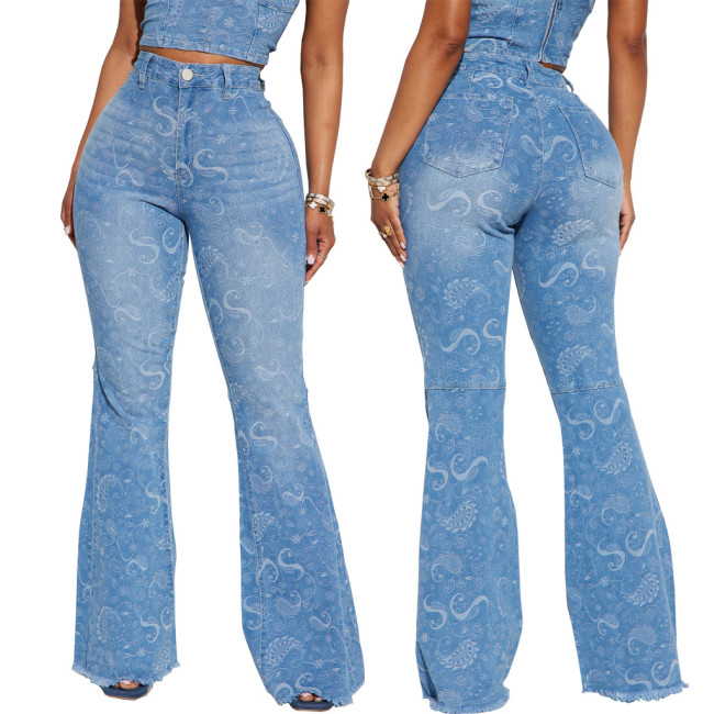 Fashion printed jeans stretch fit Bell-bottoms