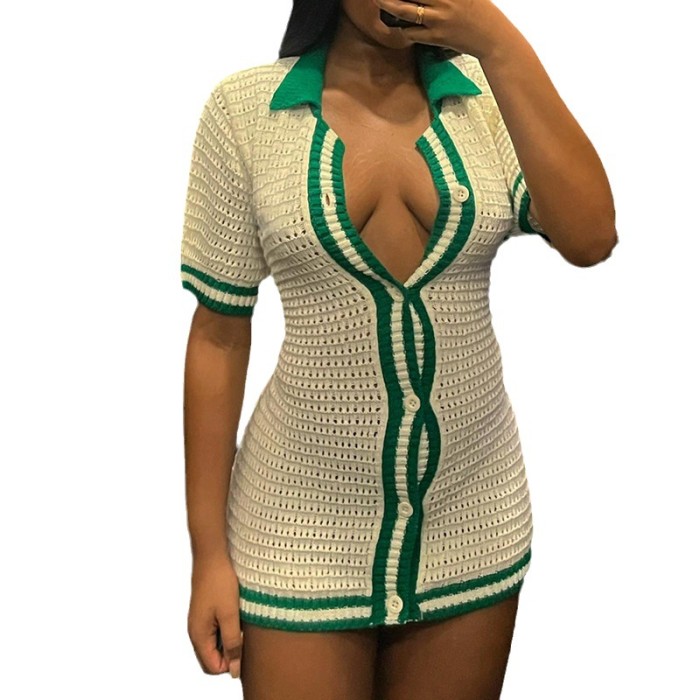 Polo Collar Contrasting Color Single-Breasted Short-Sleeved Shirt Dress Sexy Hollow Woolen Skirt