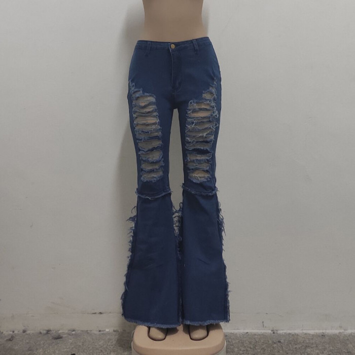 Stitching hole washed jeans flared pants