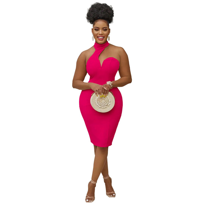 Plus Size Dress fashion pure color halter wrapped chest sleeveless cold shoulder dress