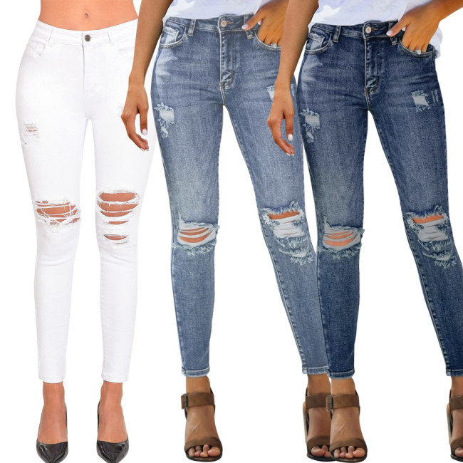 Hole washing slim elastic denim Leggings