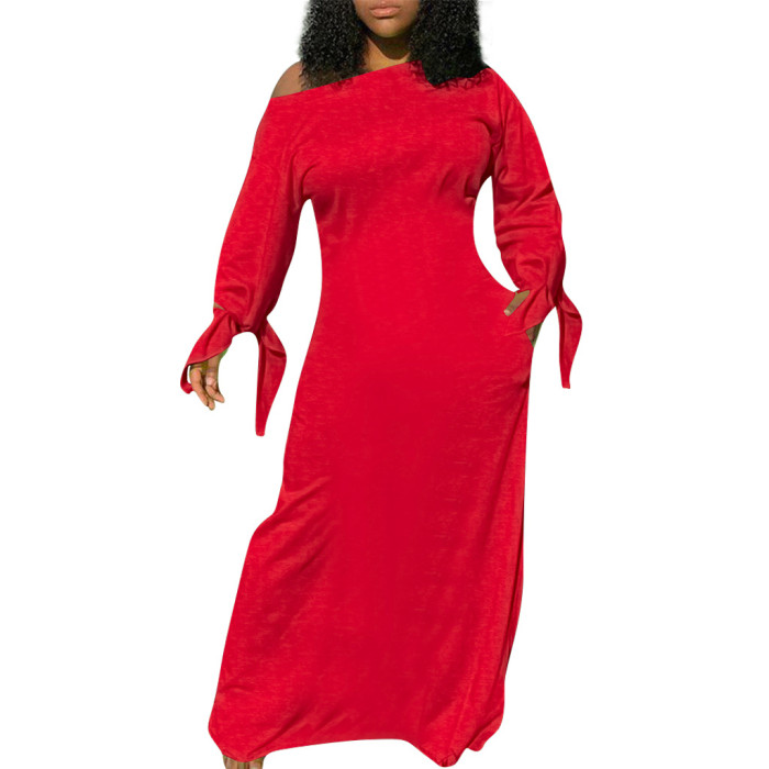 Plus Size Dress solid color cotton long sleeve cuff knotted dress long skirt with pockets on both sides