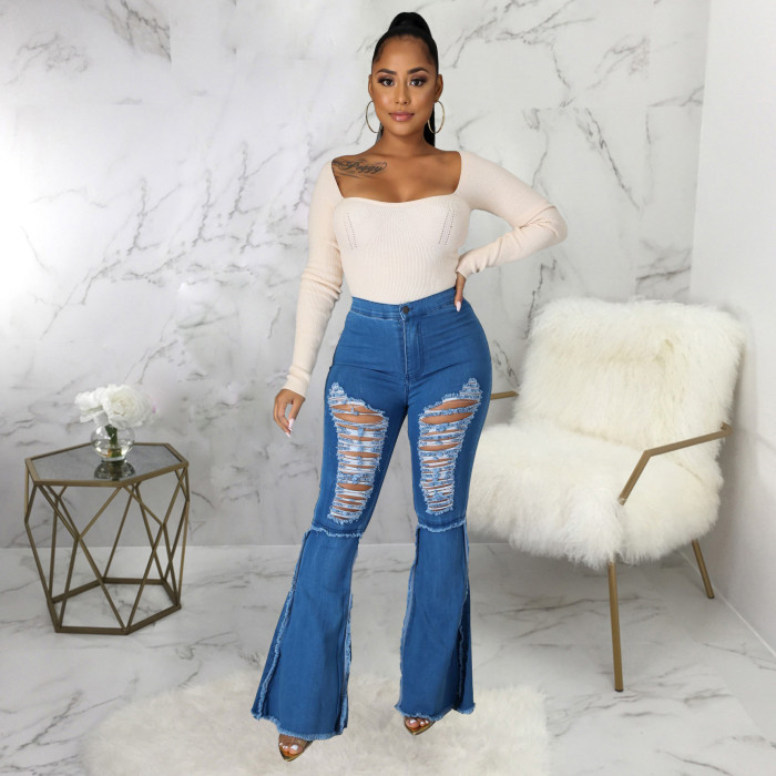 Patchwork perforated washed denim flared pants