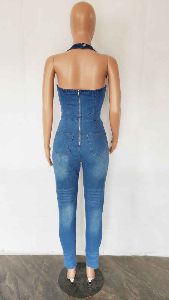 Denim slim neck Jumpsuit