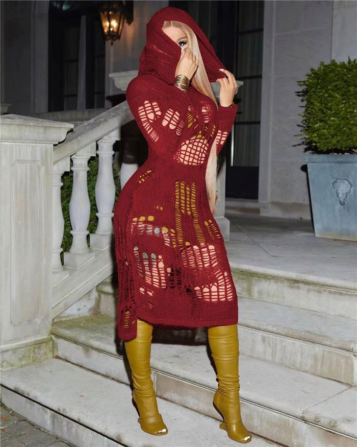 Women's casual sexy hollow-out breathable hooded dress slim knit dress