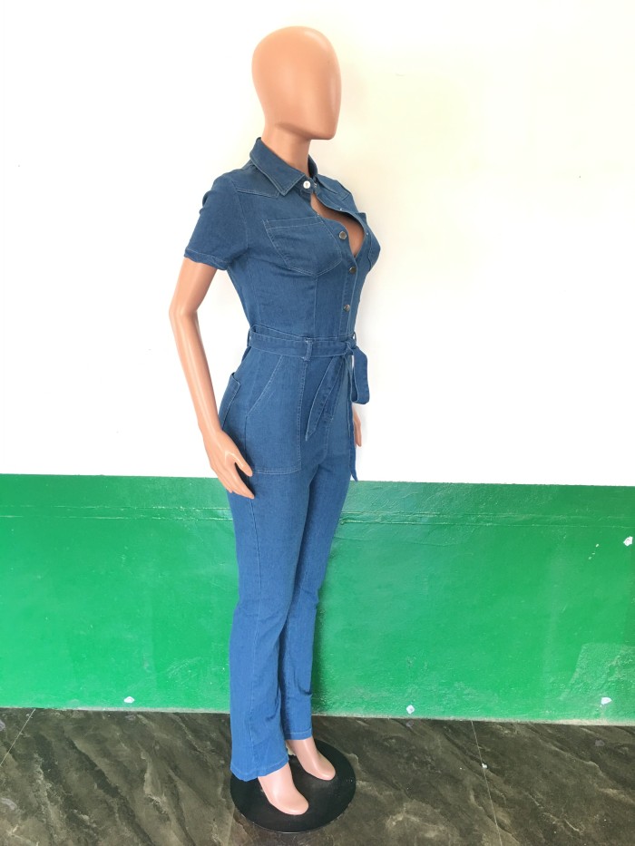 Sexy and fashionable short sleeved denim jumpsuit