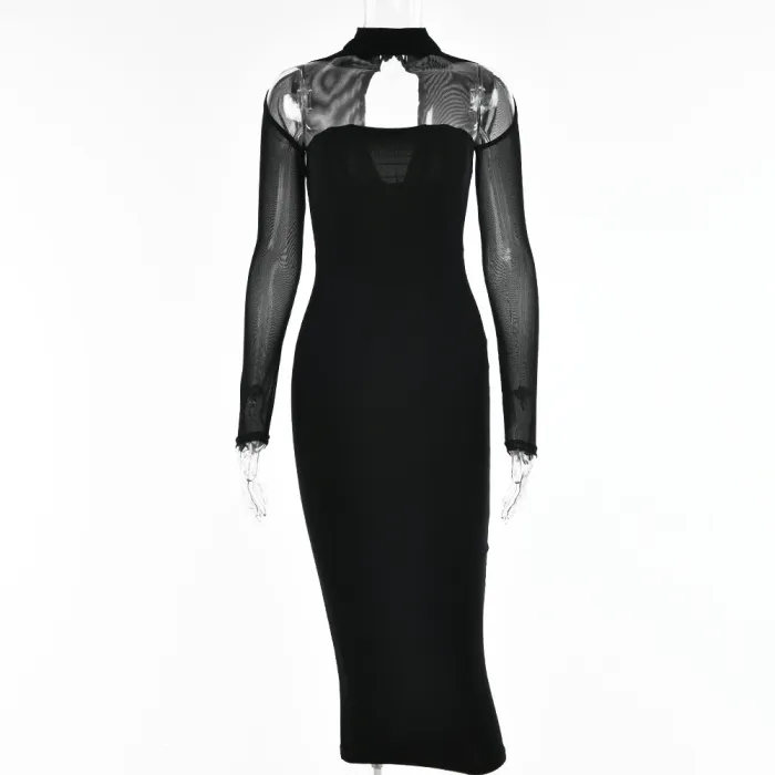 Hollow Out Perspective Mesh Long Sleeve Dress