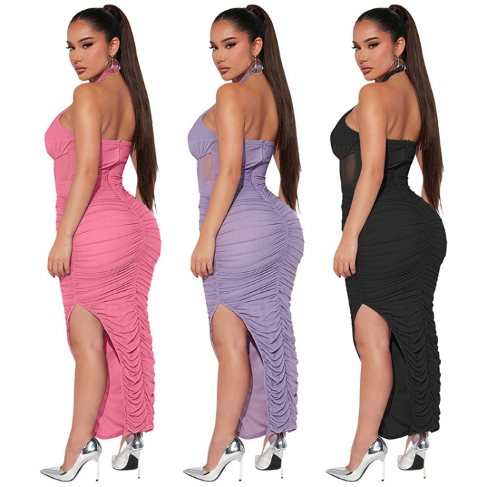 Dresses Women Halter Neck Sleeveless Mesh Double Slit Sexy Evening Dress
