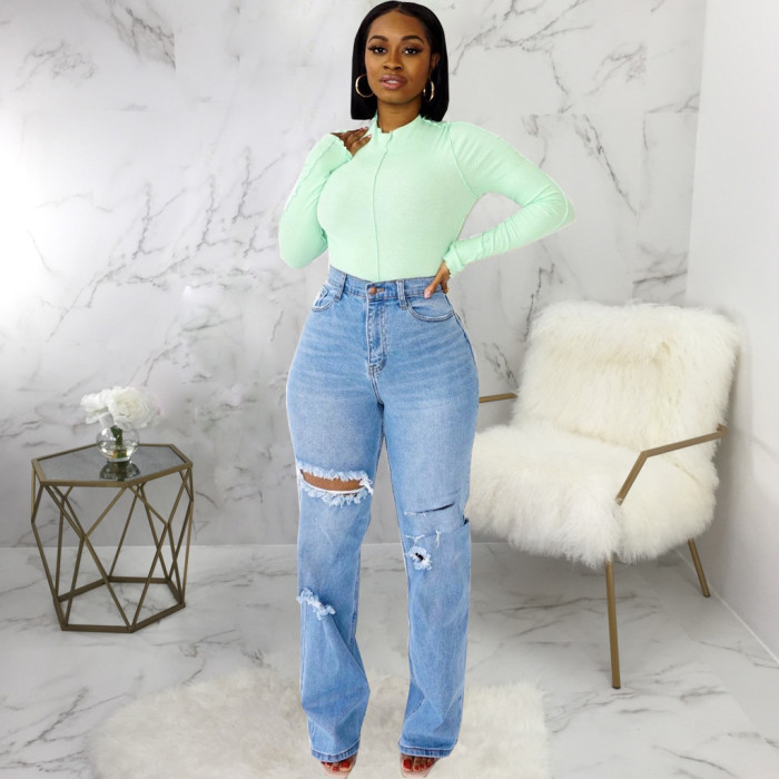 Elastic perforated straight pants