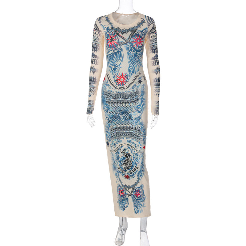 Long Sleeve Round Neck Printed Maxi Dress Fashion Slim Dress