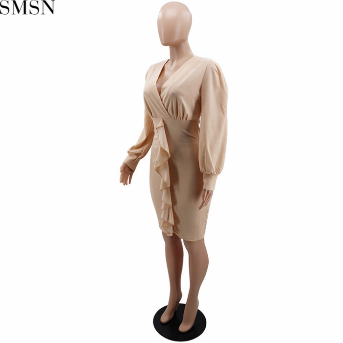 Plus Size Dress solid color sexy half open collar temperament ruffled women dress