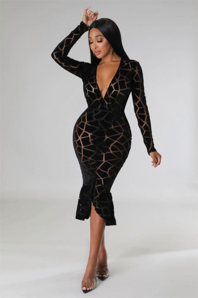 Trendy Ladies Formal Dress V Neck Sexy Cocktail Evening Fall Plus Size Womens Dresses