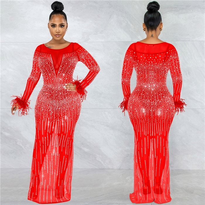 Rhinestone mesh see through long dress women lady luxury formal party evening dress