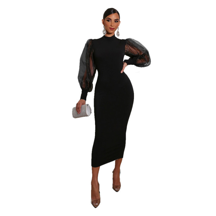 Celebrity Temperament Hepburn Style Black Mesh Stitching Dress