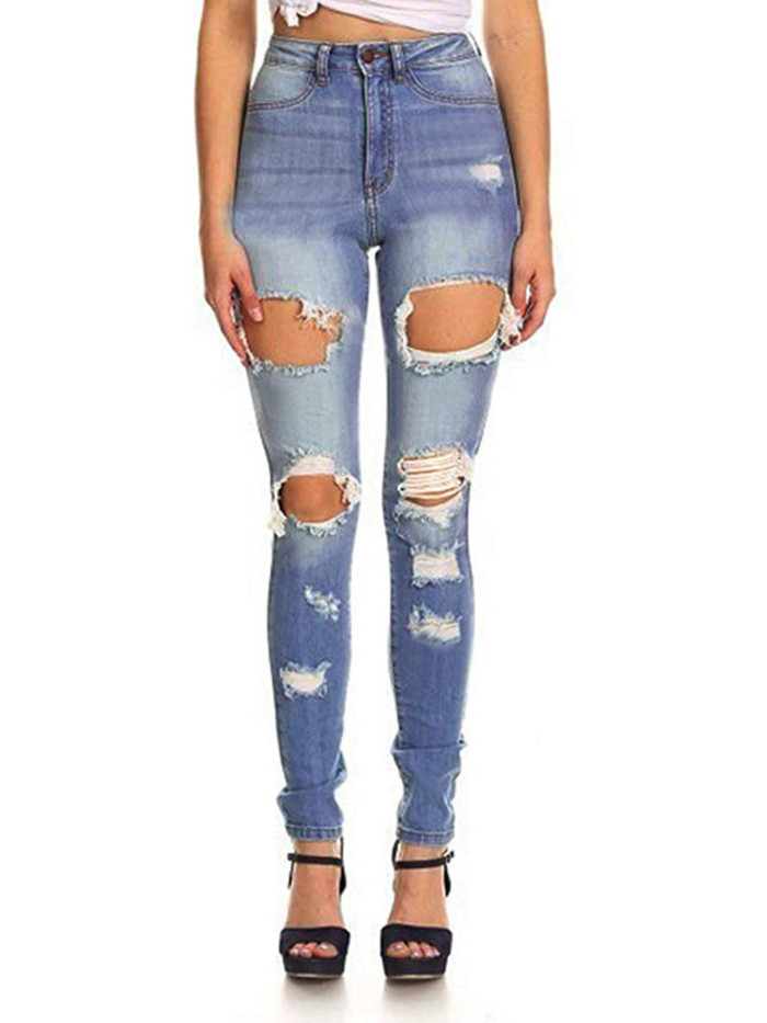 Fashion high waist denim tight pants with holes