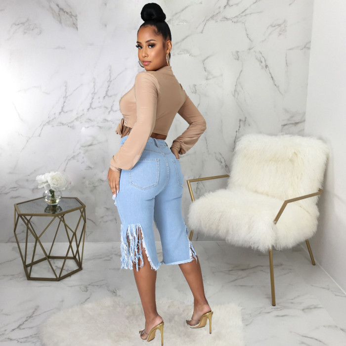 Fashion wash hole tassel High Waist Stretch Jeans