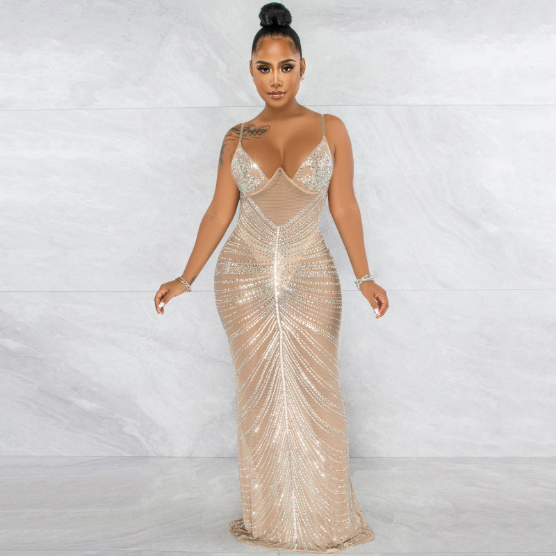 Plus Size Dress new hot rhinestone sexy spaghetti straps chest wrap mesh see-through maxi dress