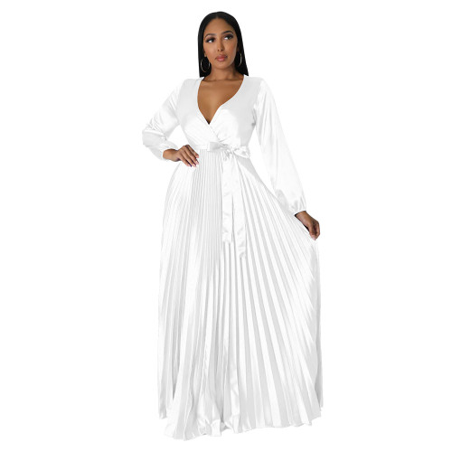 Plus Size Dress Europe and America cross border Amazon fall V neck lantern sleeve pleated dress