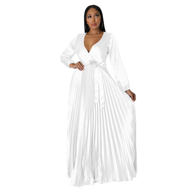 Plus Size Dress Europe and America cross border Amazon fall V neck lantern sleeve pleated dress