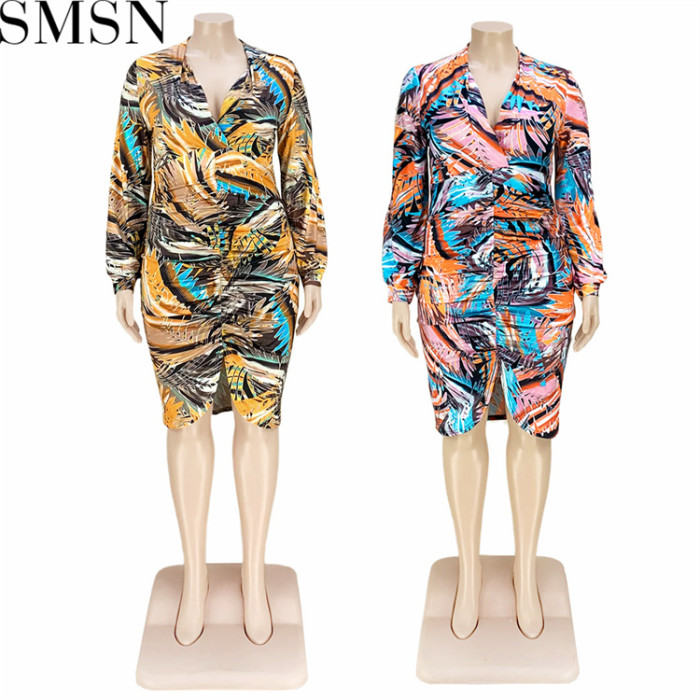 Plus Size Dress Amazon fashion v neck floral print slit pleated hollow sleeve dress