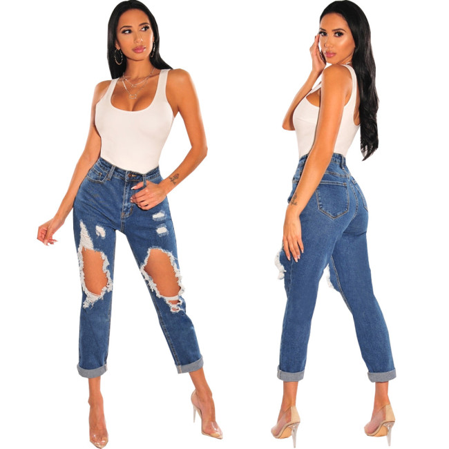 Fashion slim hole stretch jeans Slim-fit pants