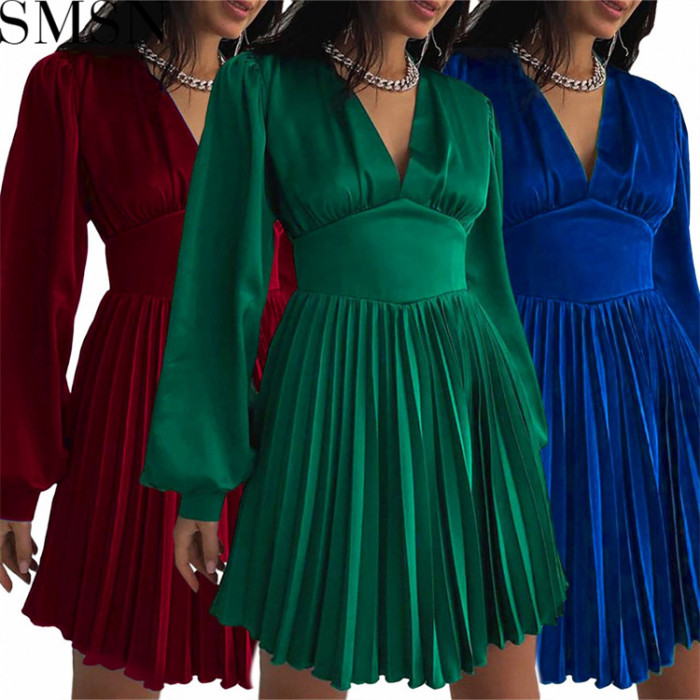 Plus Size Dress Amazon New Autumn and Winter Long Sleeve Pleated Satin Satin A  line High Waist Dress