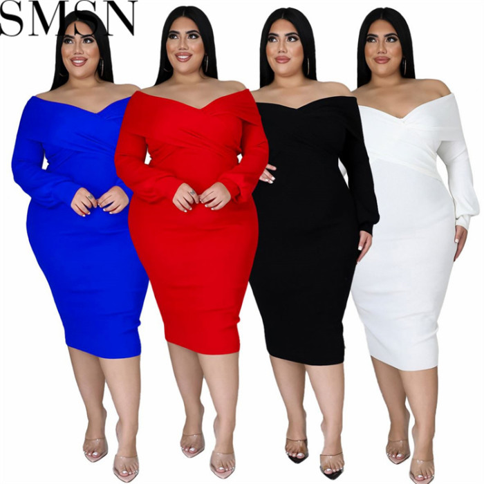 Plus Size Dress V neck solid color midi dress sexy dress wish hot sale