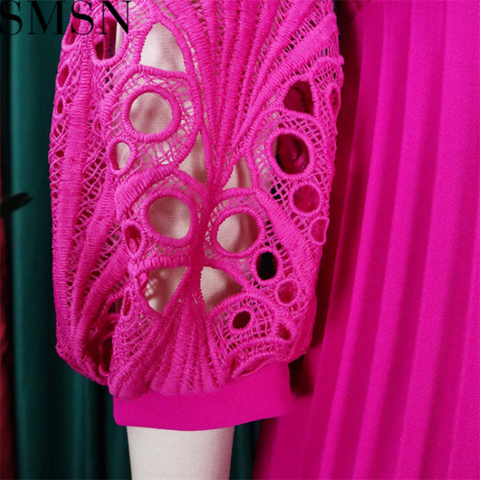 Plus Size Dress Puff Sleeve Lace Party Wear Belt Plus Size Autumn Women Pleated Dress