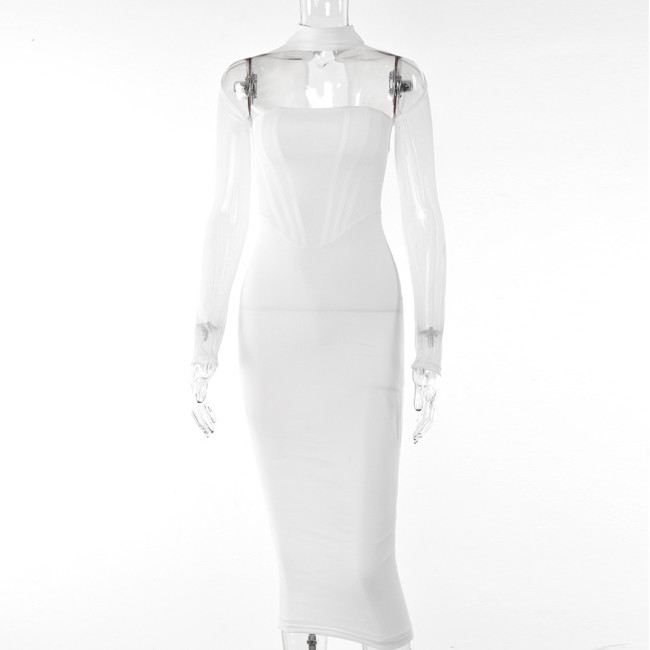 Hollow Out Perspective Mesh Long Sleeve Dress